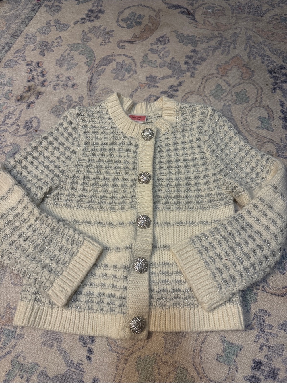 kate spade sparkly Cream and silver Rhinestone Button Knit Cardigan